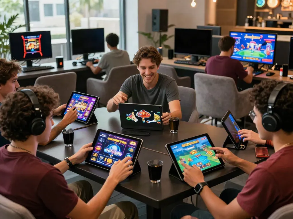 A80 online gaming platform with diverse players enjoying slots, fishing games, and live casino in a vibrant lounge setting.