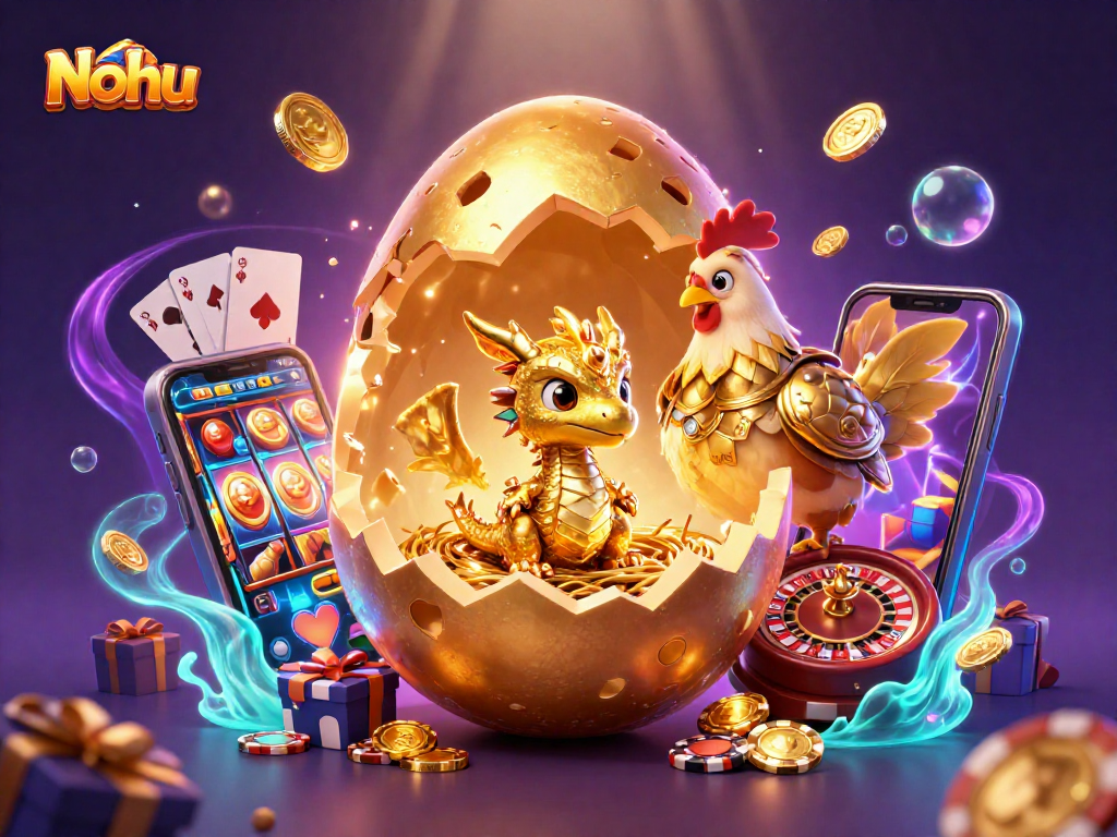 Nohu features a golden dragon emerging from an egg amidst casino elements like poker chips and slot games.