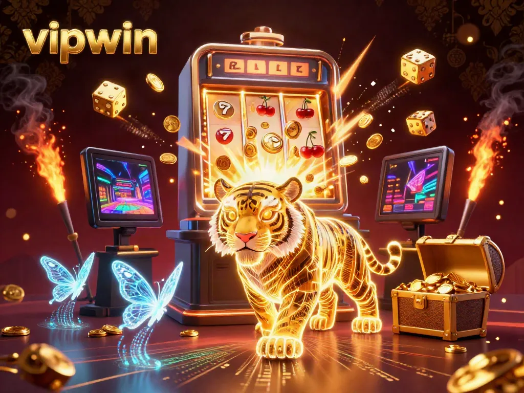Engage with vipwin's vibrant online casino landscape, featuring a neon golden tiger and exciting game elements.