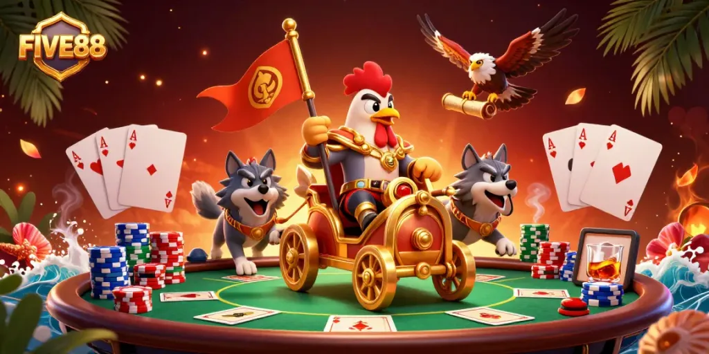 Experience the excitement of gambling with FIVE88 as a cartoon rooster warlord leads the game!