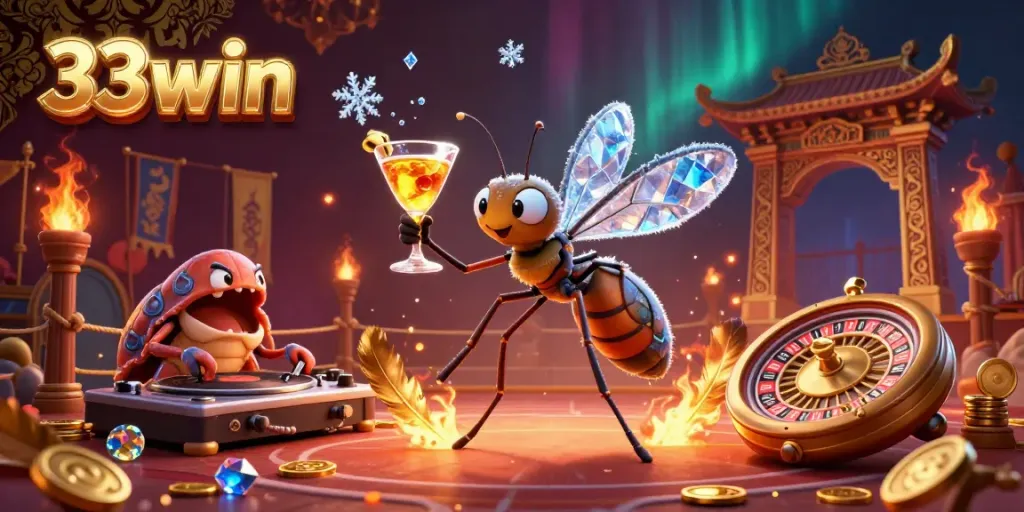 Experience the vibrant gambling scene with 33win as a frozen mosquito mascot and trilobite DJ.