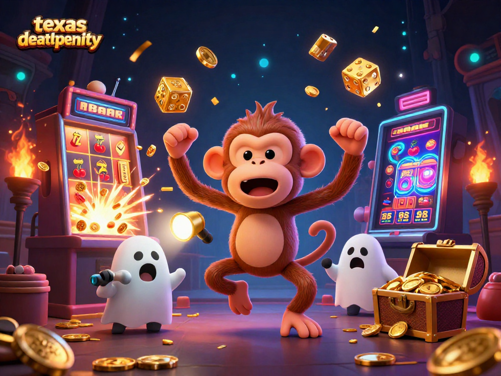 Engage with texasdeathpenalty as a playful poltergeist monkey juggles casino treasures in a vibrant scene.