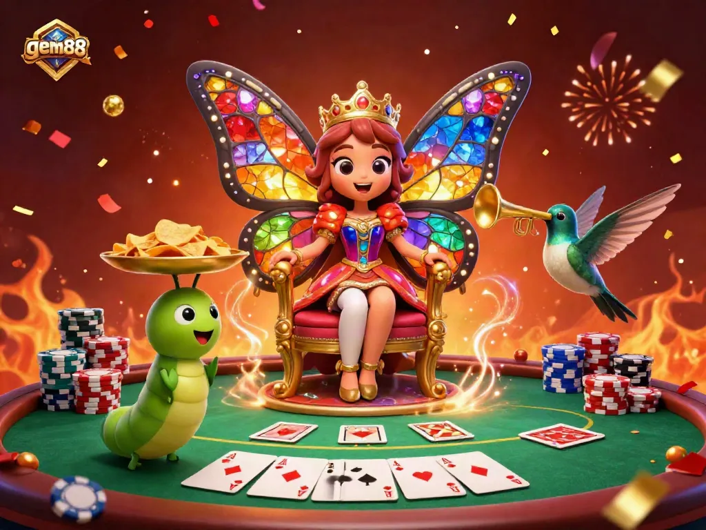 Experience gem88's vibrant casino atmosphere with a butterfly queen and dynamic poker scene.