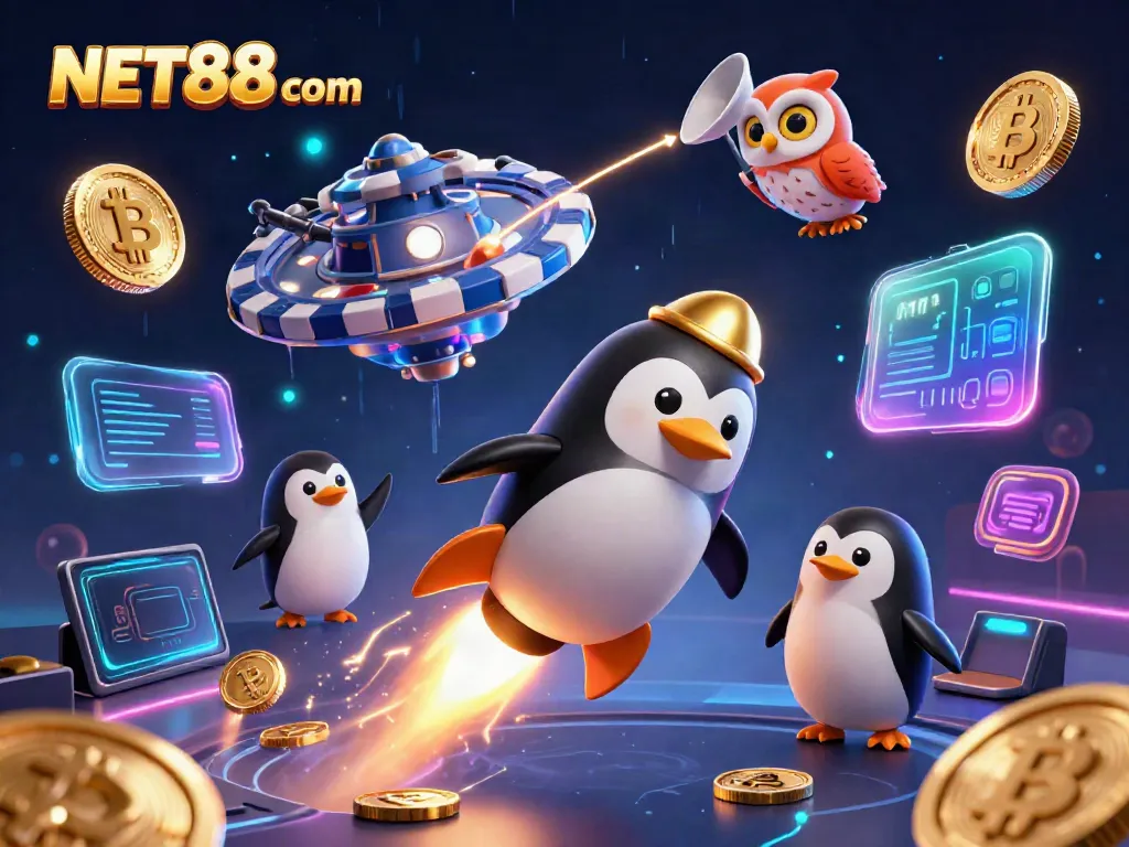 Watch the golden penguin racing through space toward NET88 com, surrounded by vibrant casino elements.