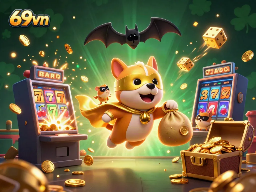Experience the exciting world of 69vn with a superhero dog and 3D slot machines showcasing vibrant casino action.