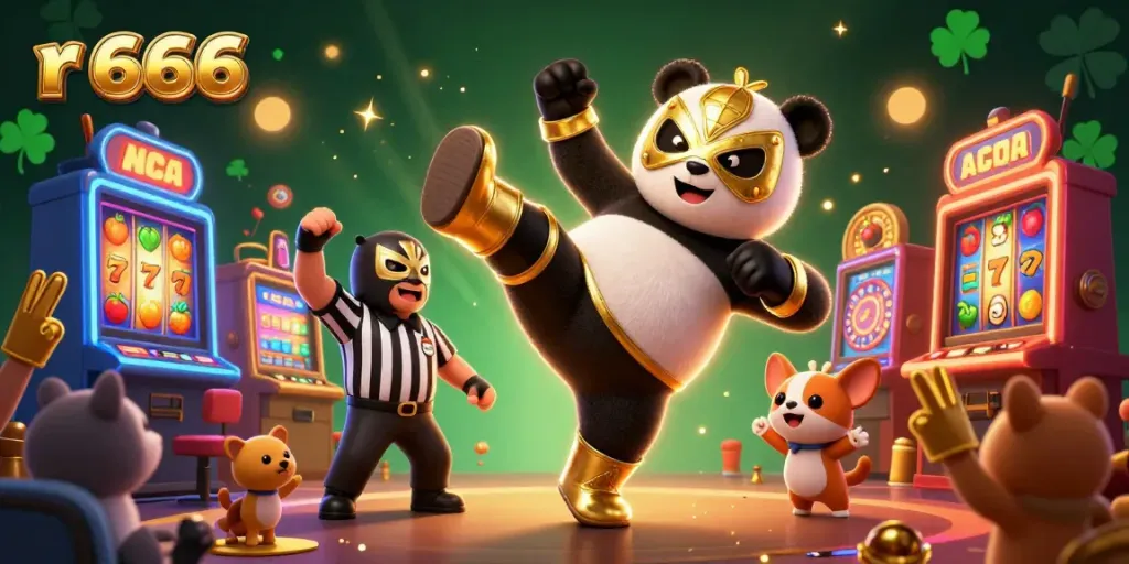 Experience vibrant casino thrills with r 666 as a panda wrestler kicks in a lively animated celebration.