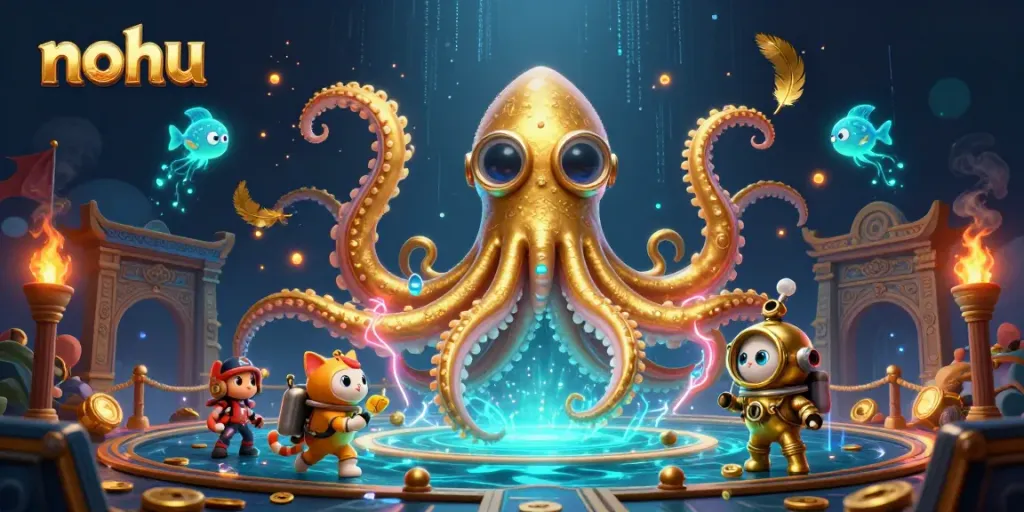 Engage with the nohu thrilling underwater gambling adventure featuring a kraken and diving cat amidst treasure.