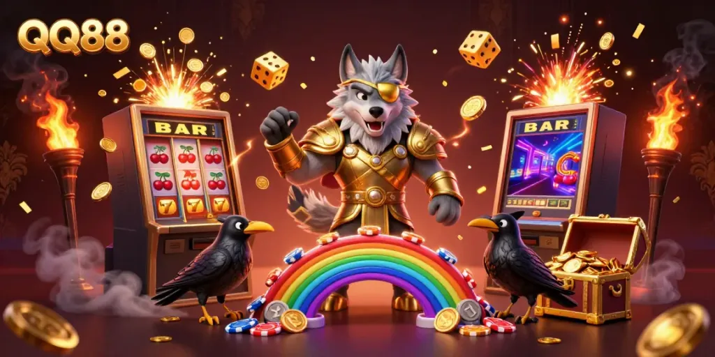 Experience the excitement of QQ88 with vibrant 3D casino elements and Norse mythology characters.
