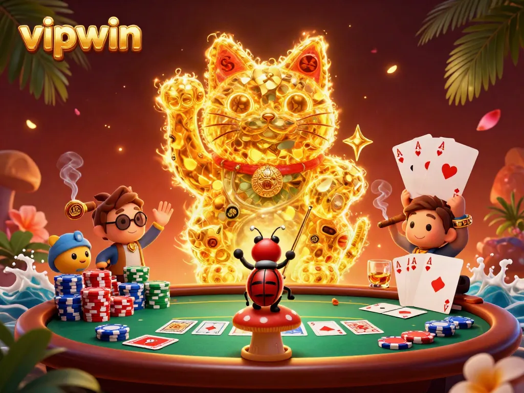 Engage with the vibrant world of vipwin through this dynamic casino illustration featuring a giant lucky cat and poker elements.