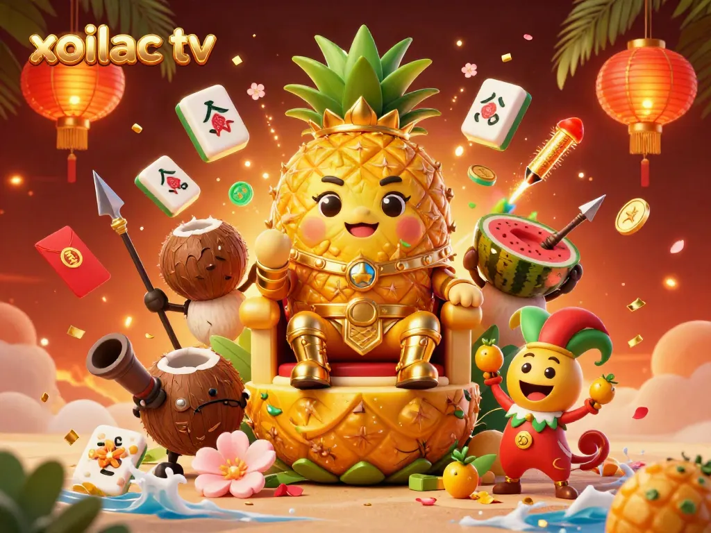 Xoilac TV showcases an engaging beach casino scene with vibrant characters and festive decorations.